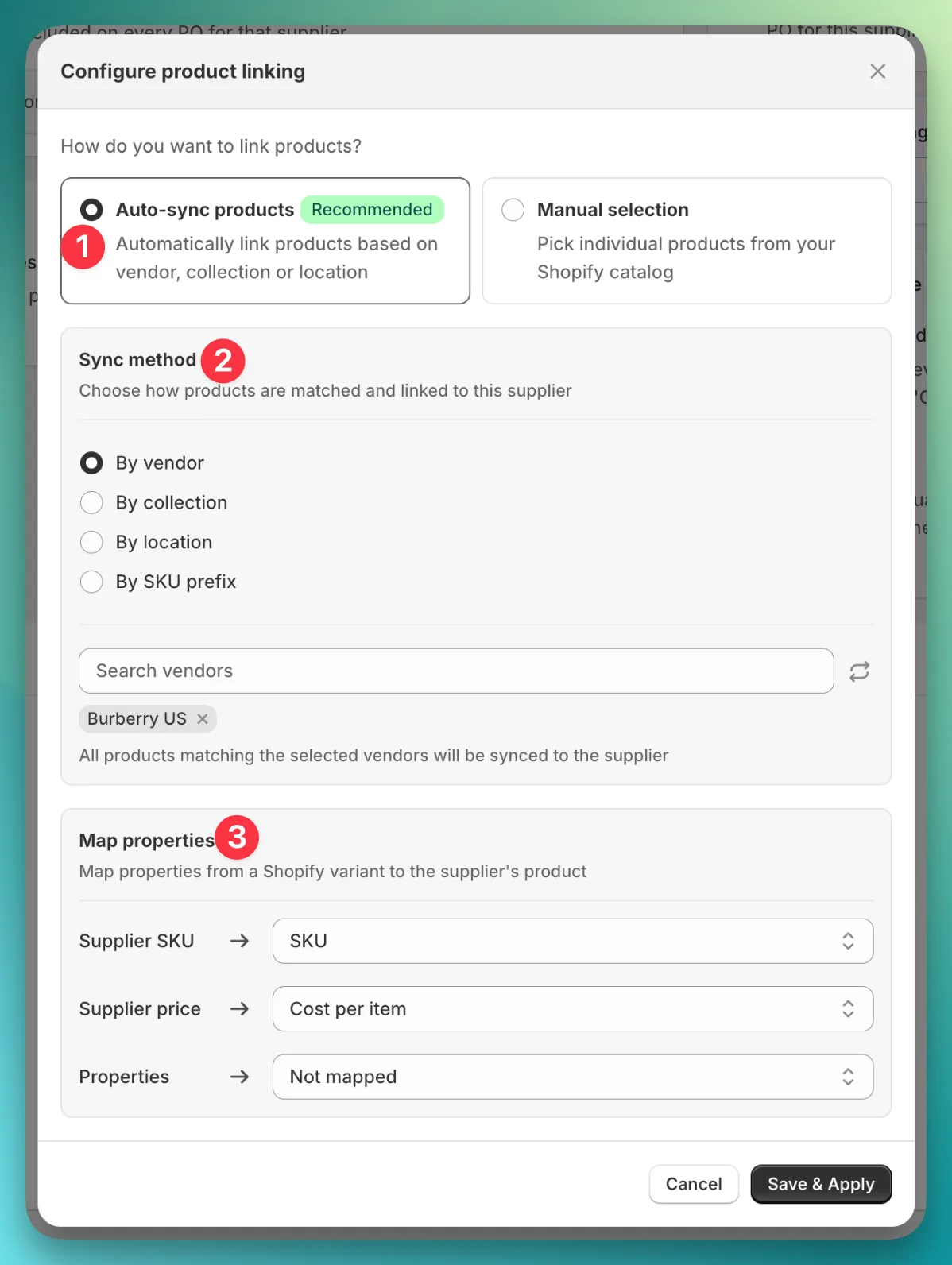 Auto sync modal configure
