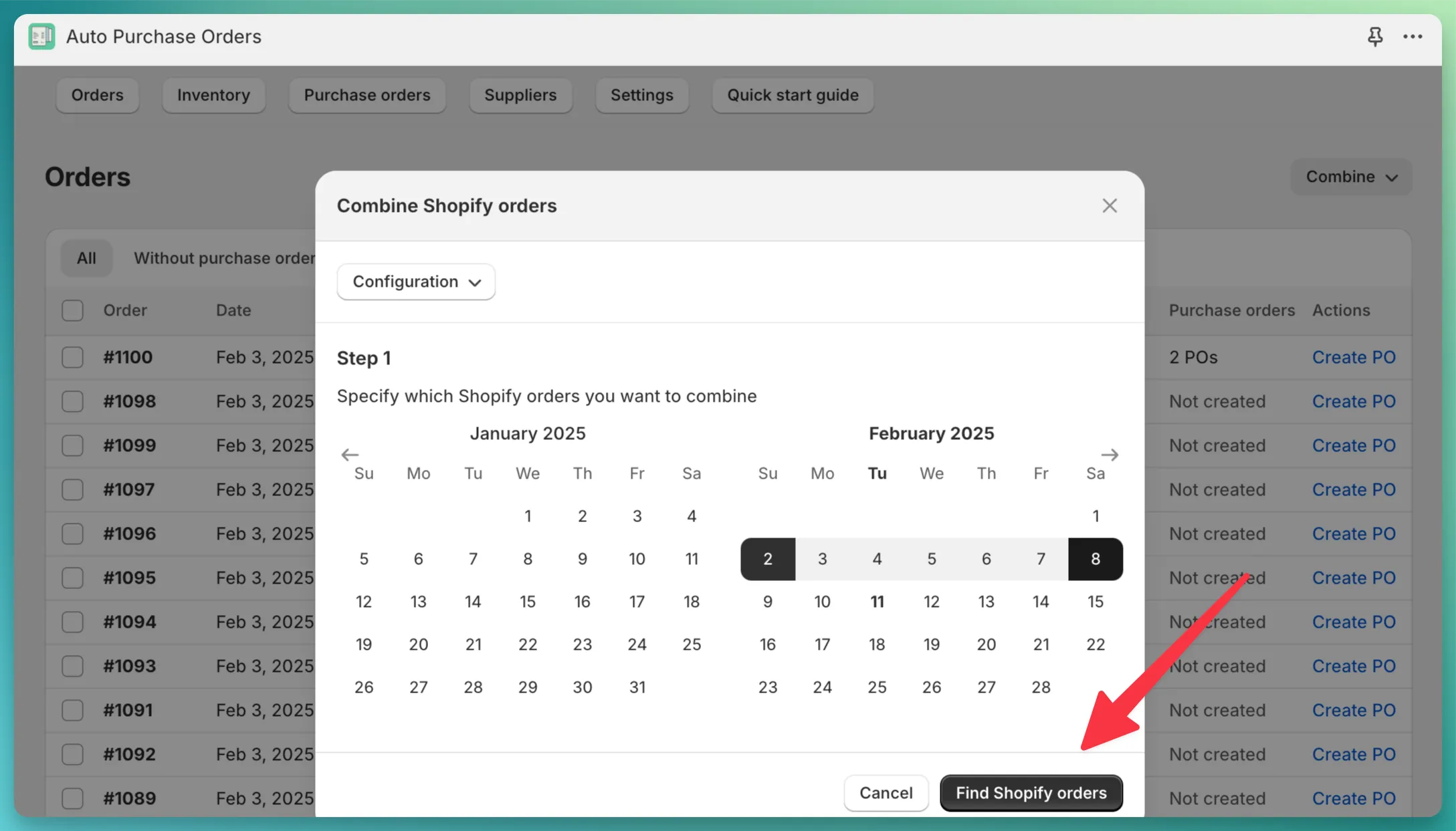 Date range combine selection modal