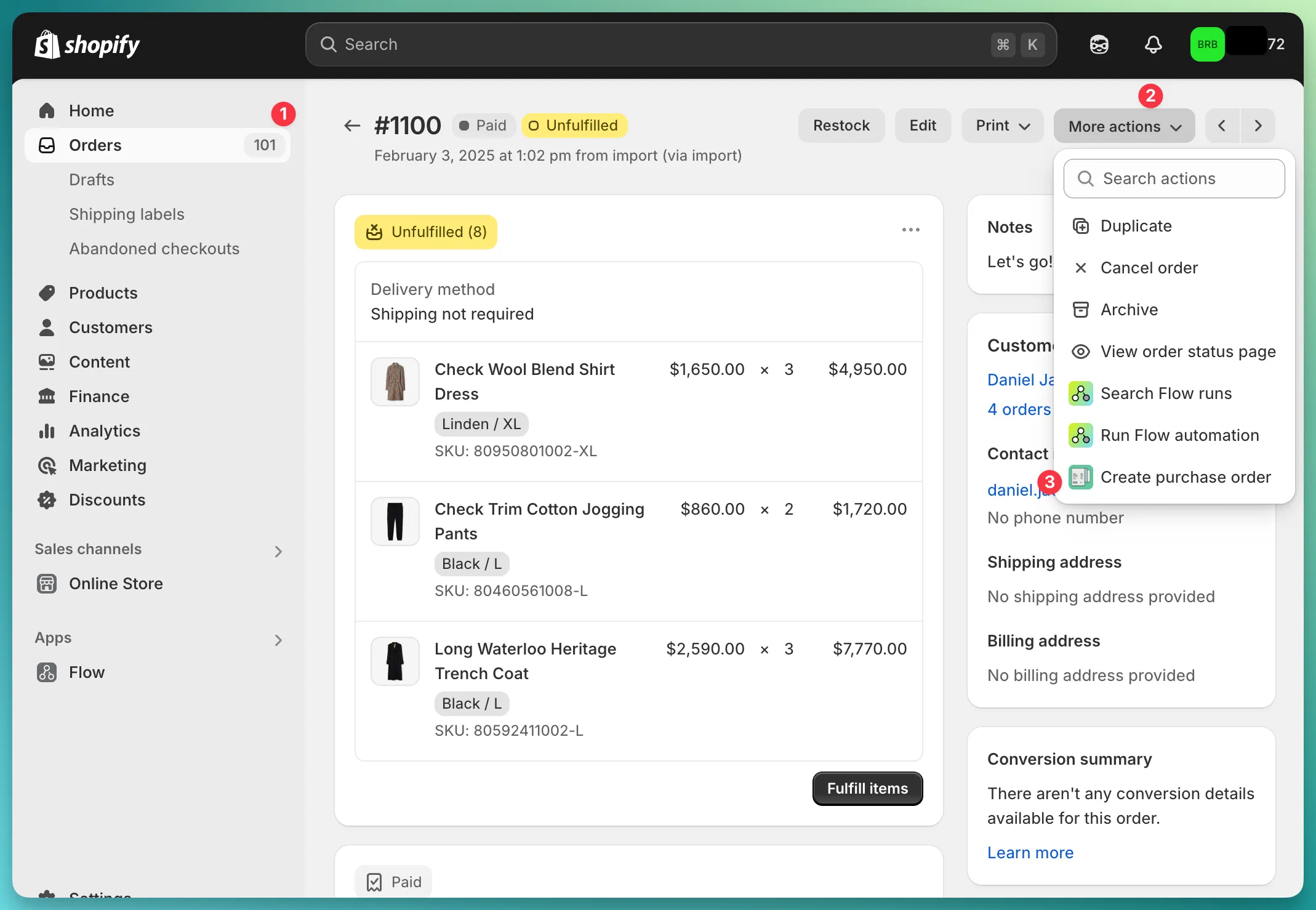 Create PO Shopify action