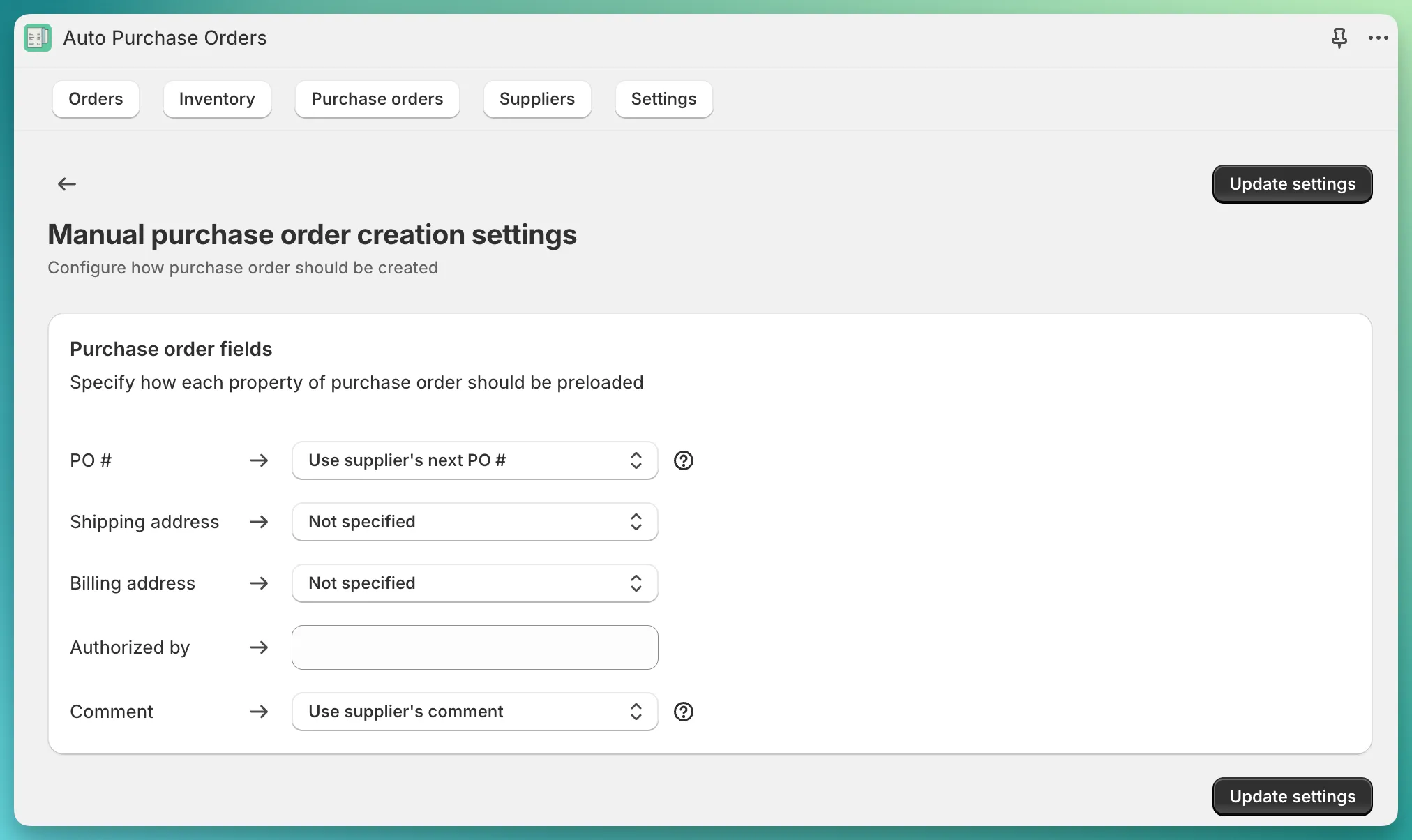 Manual PO configuration details