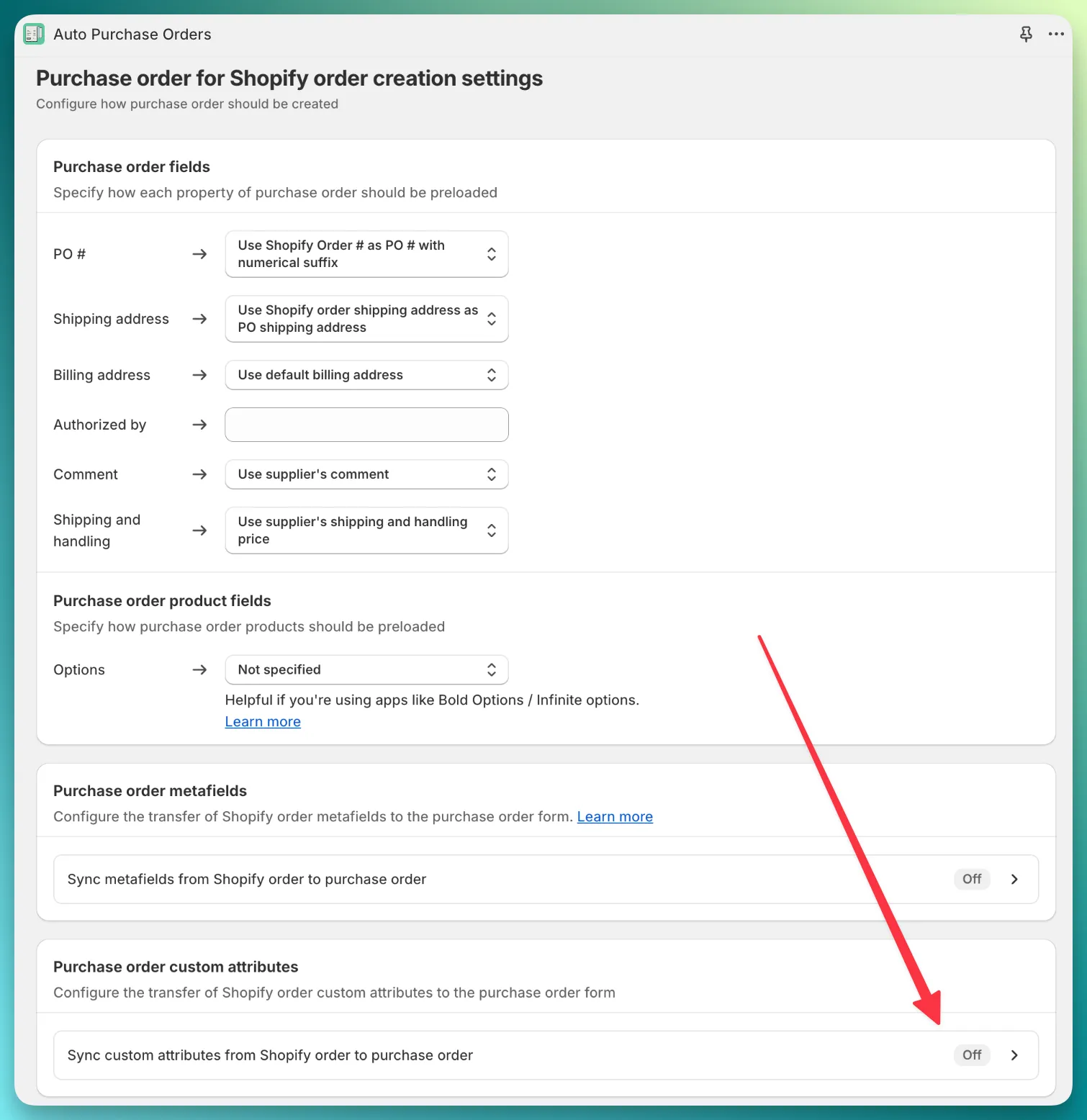 PO settings for custom attributes