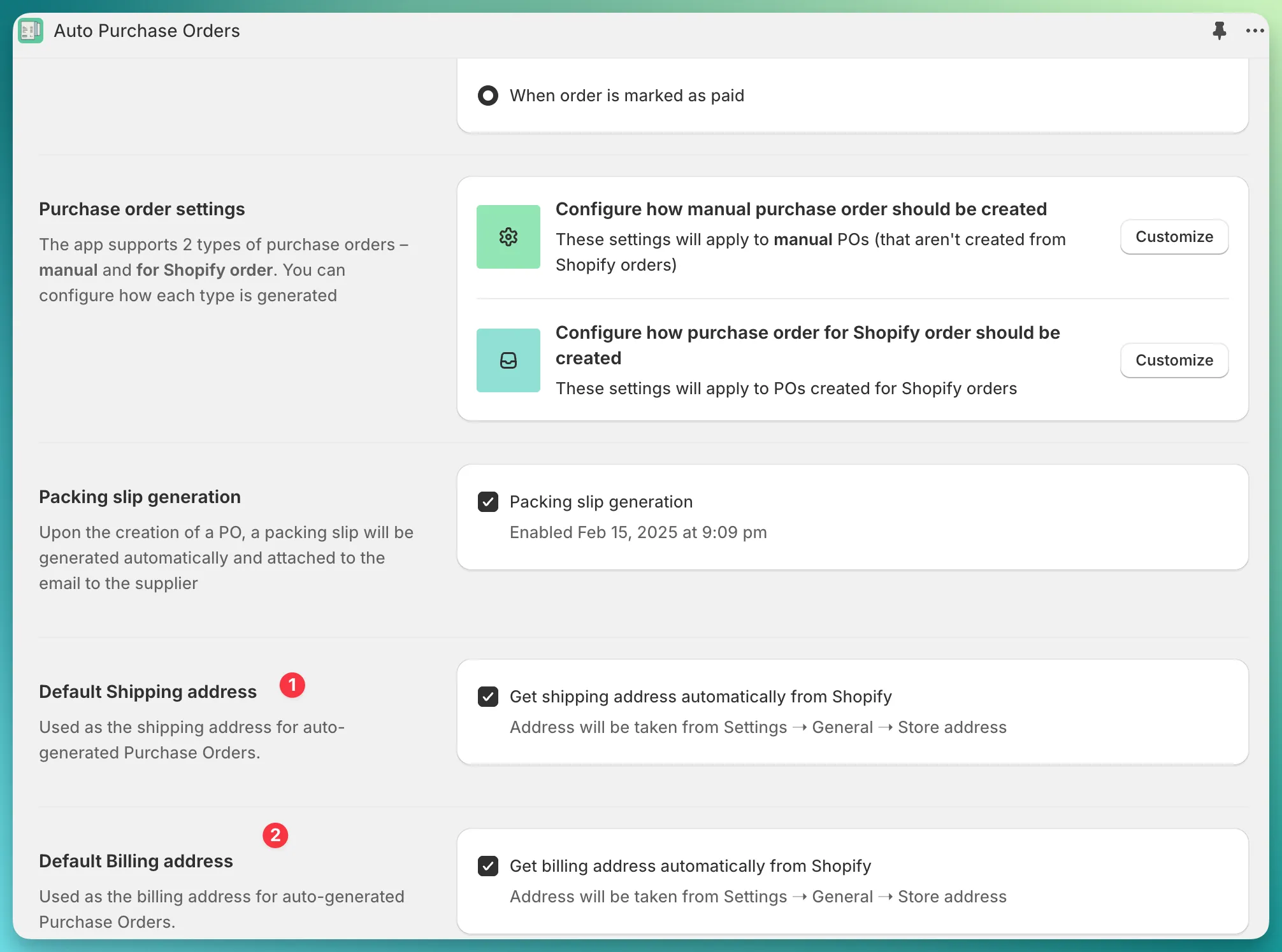 PO default addresses config