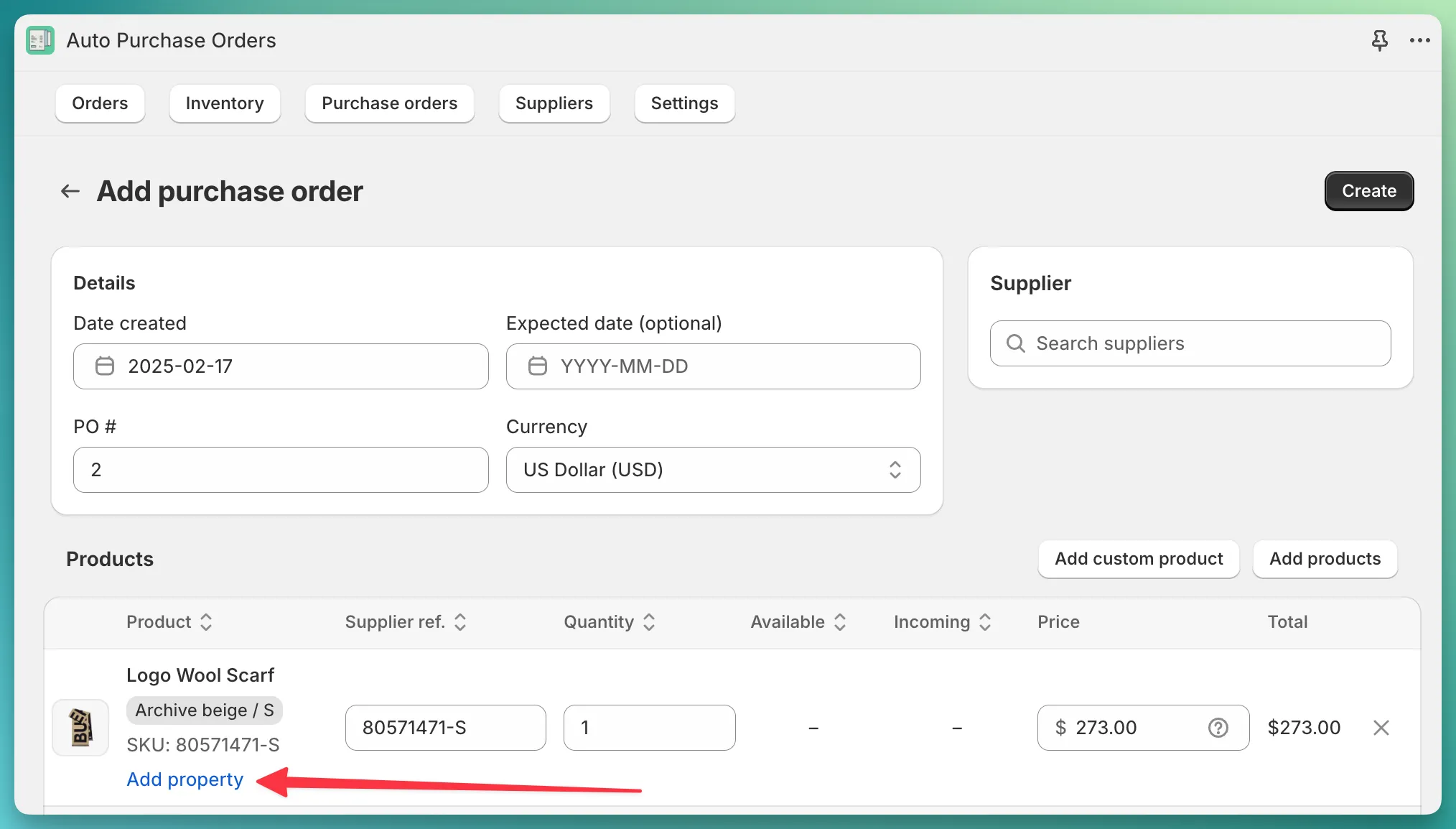 PO form add property