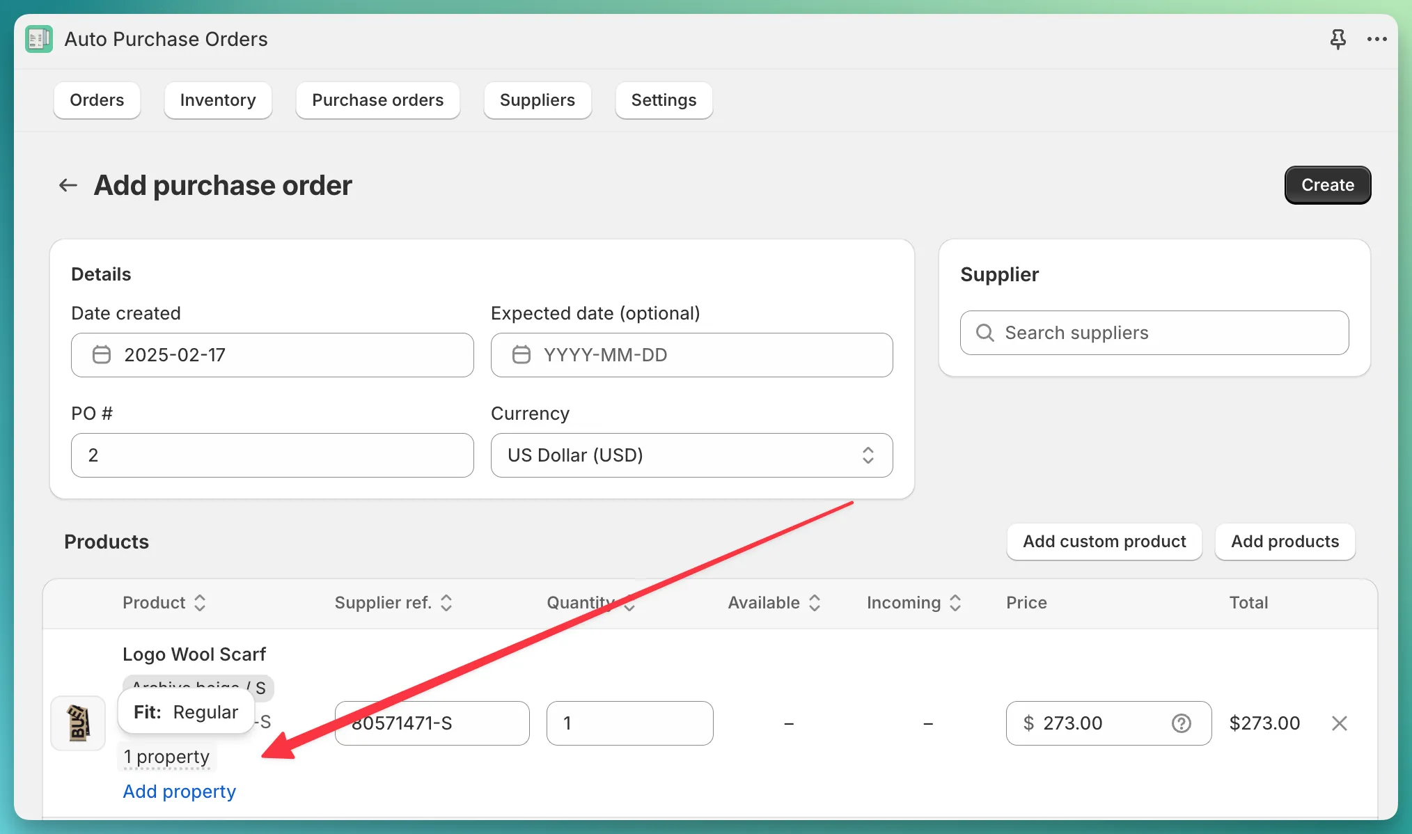 PO form added property