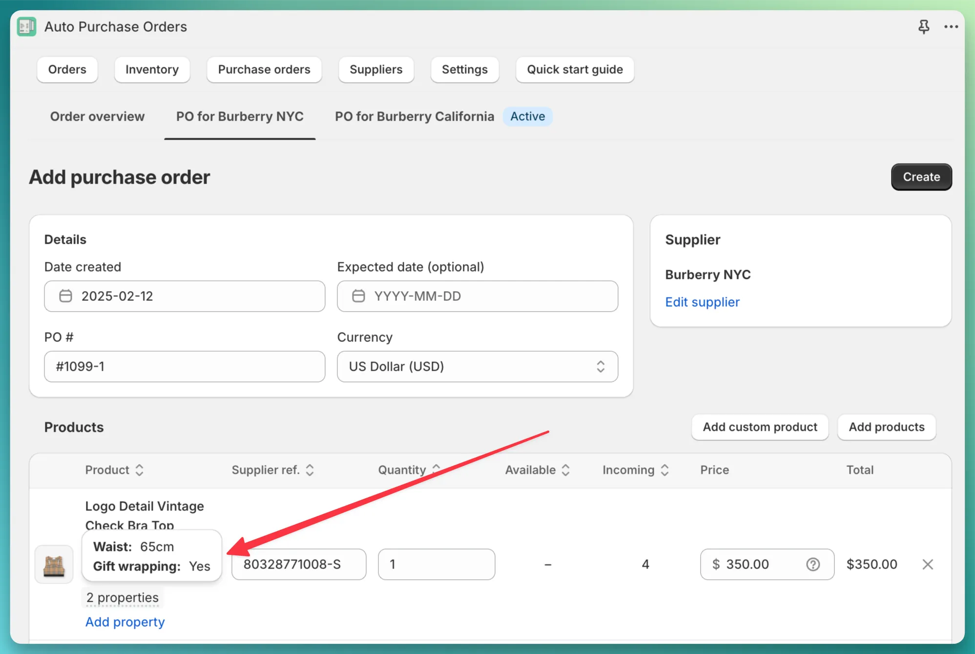PO form custom properties