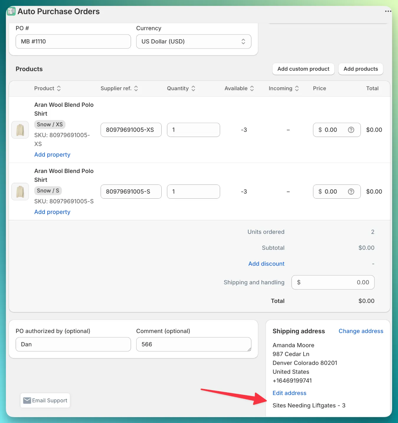 PO form customer metafields