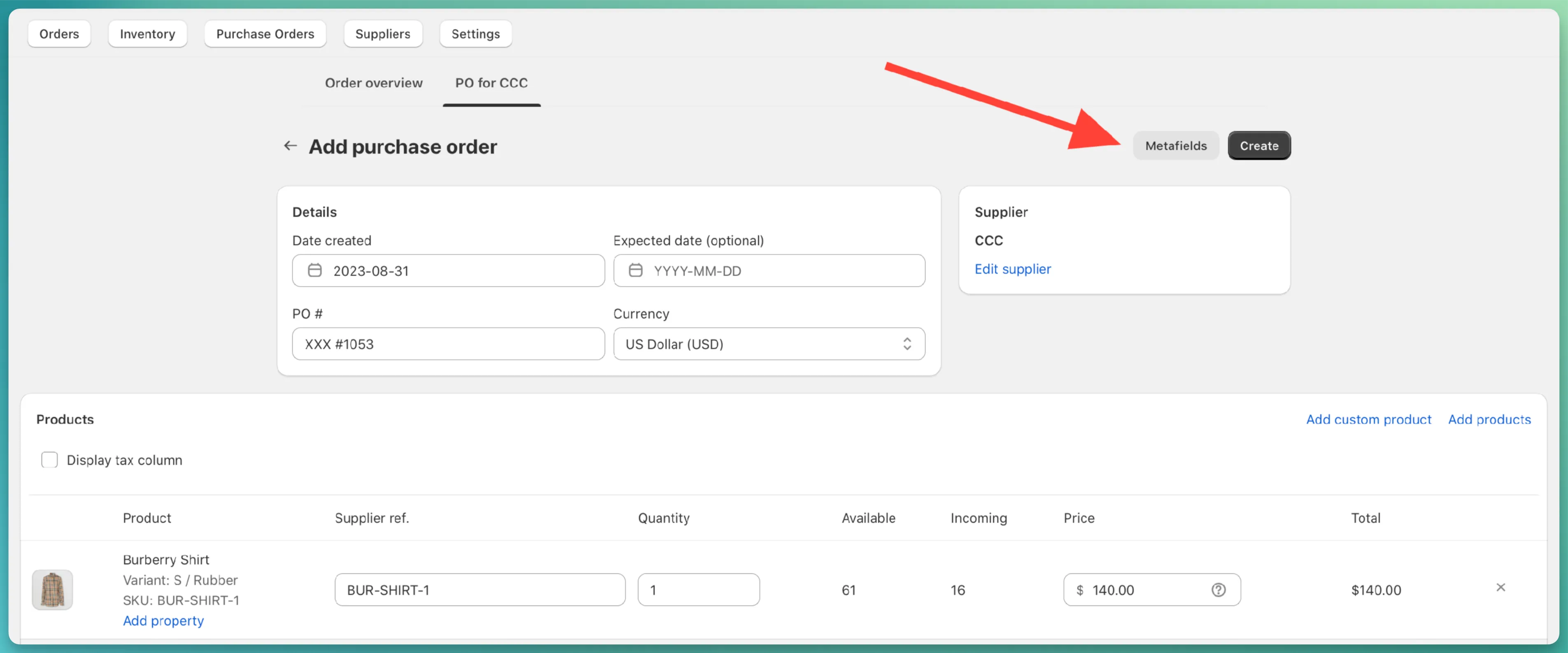 PO form metafields
