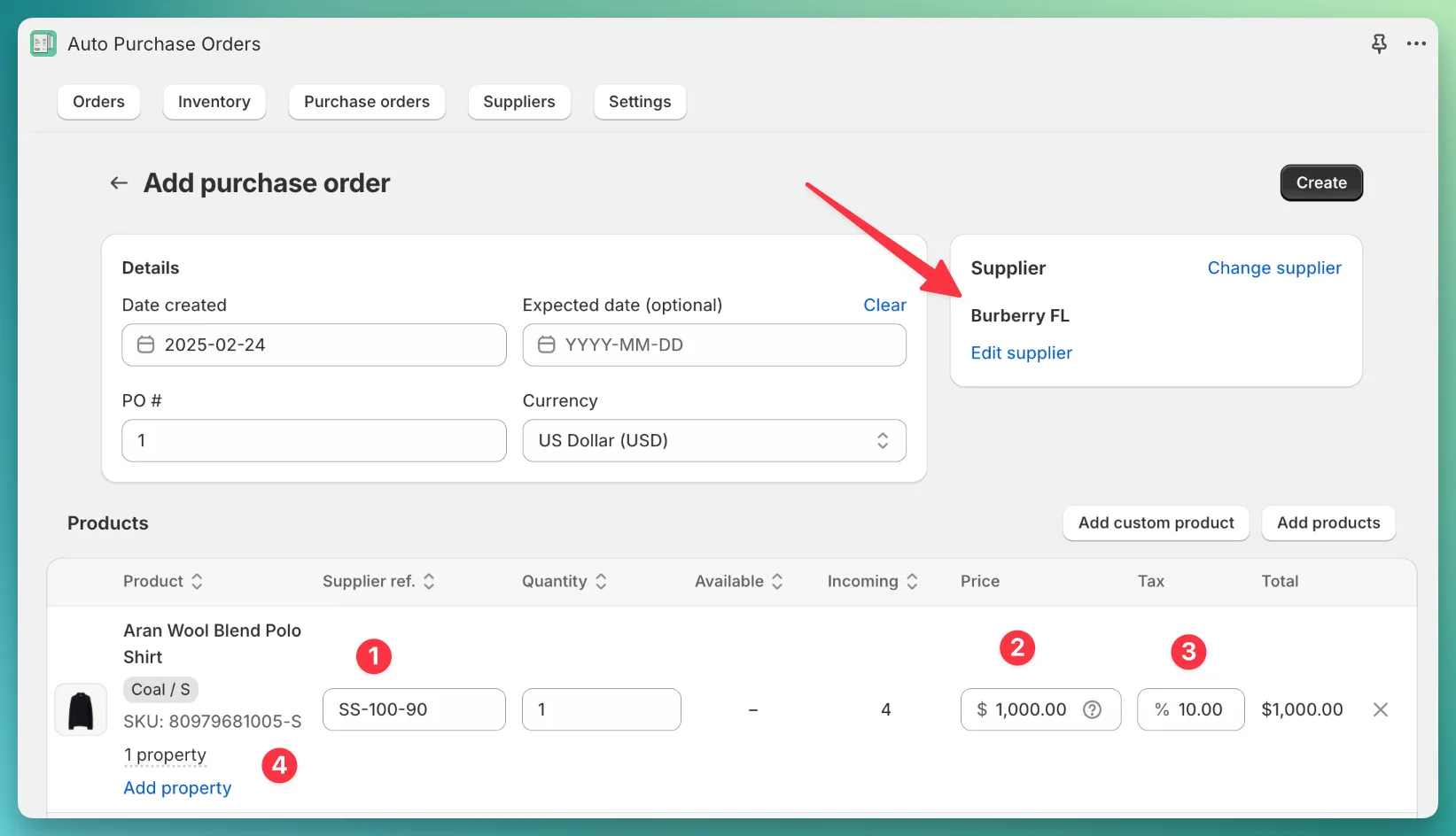 PO form product preloaded