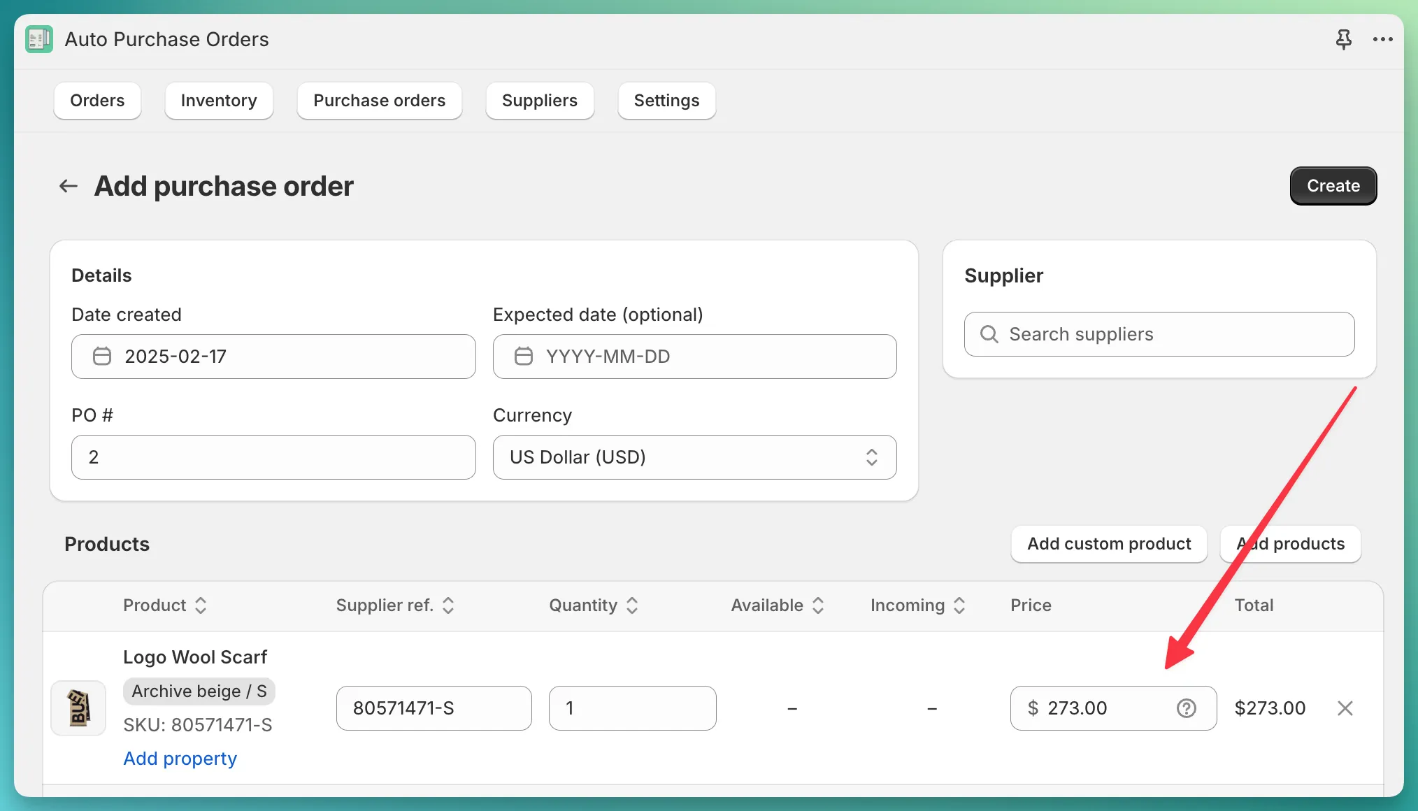 Shopify cost PO form