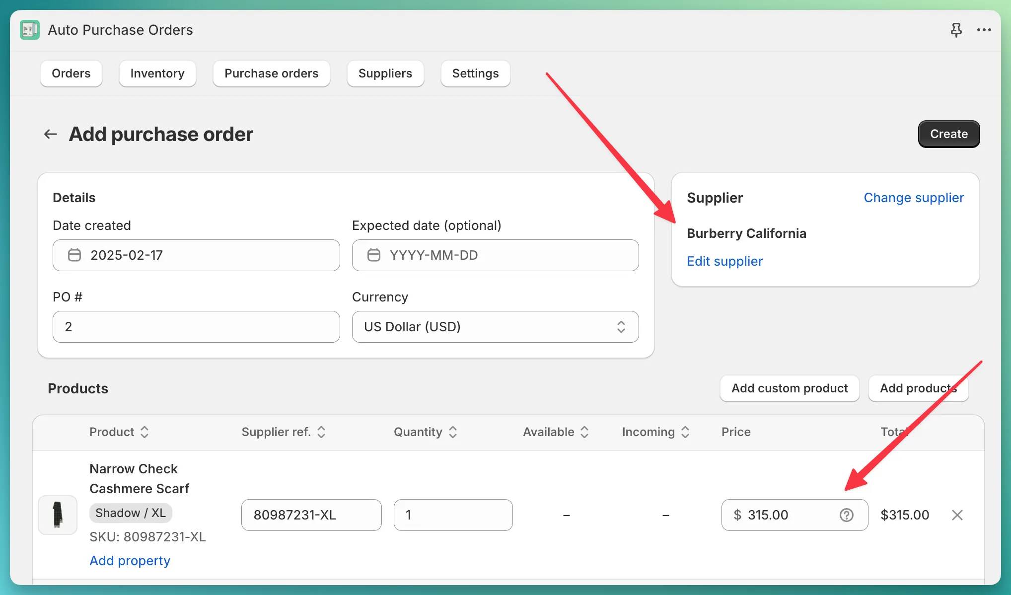 PO form supplier pricing