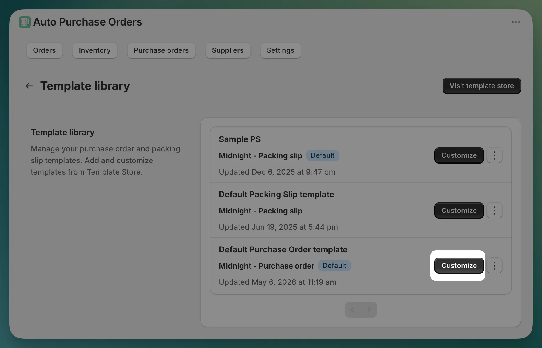 PO template details button