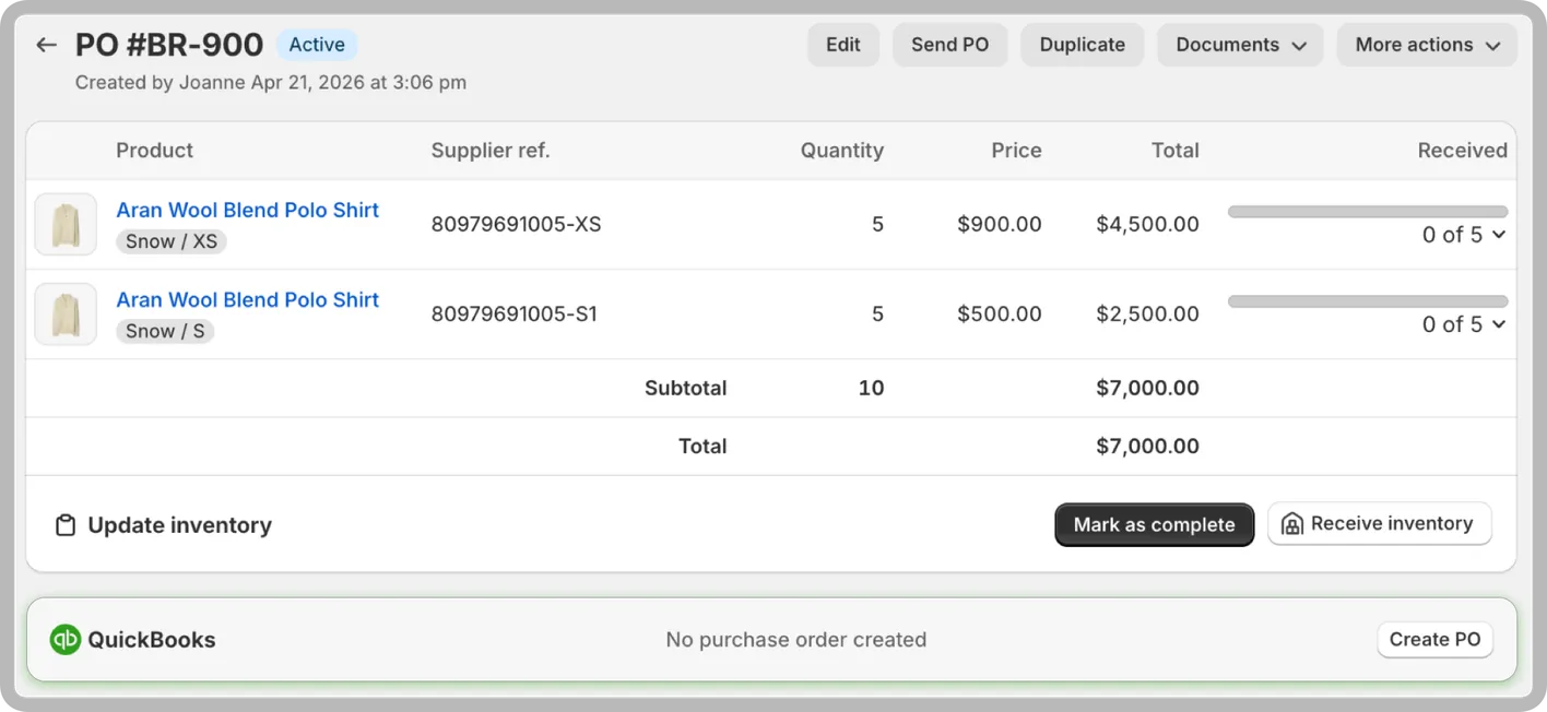 QuickBooks sync controls inside an Auto Purchase Orders purchase order