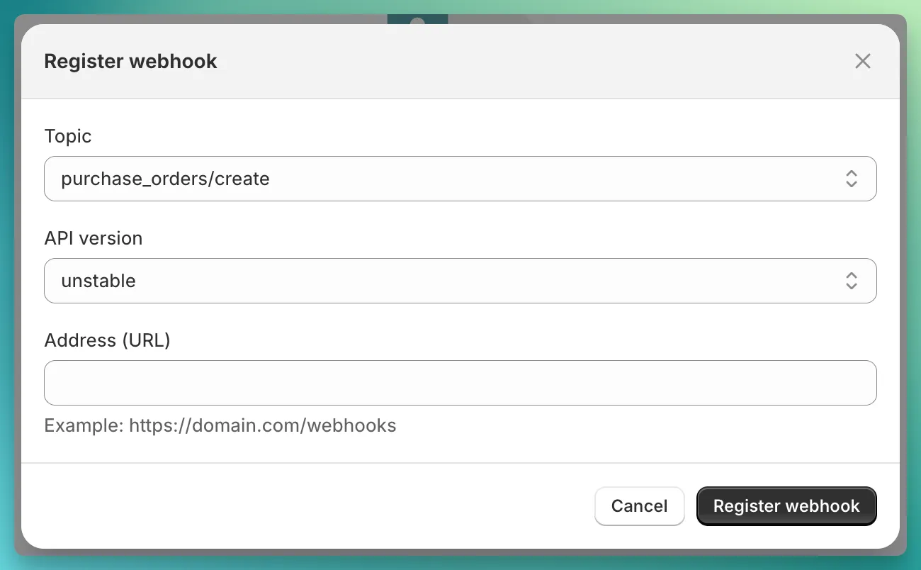 Register webhook modal