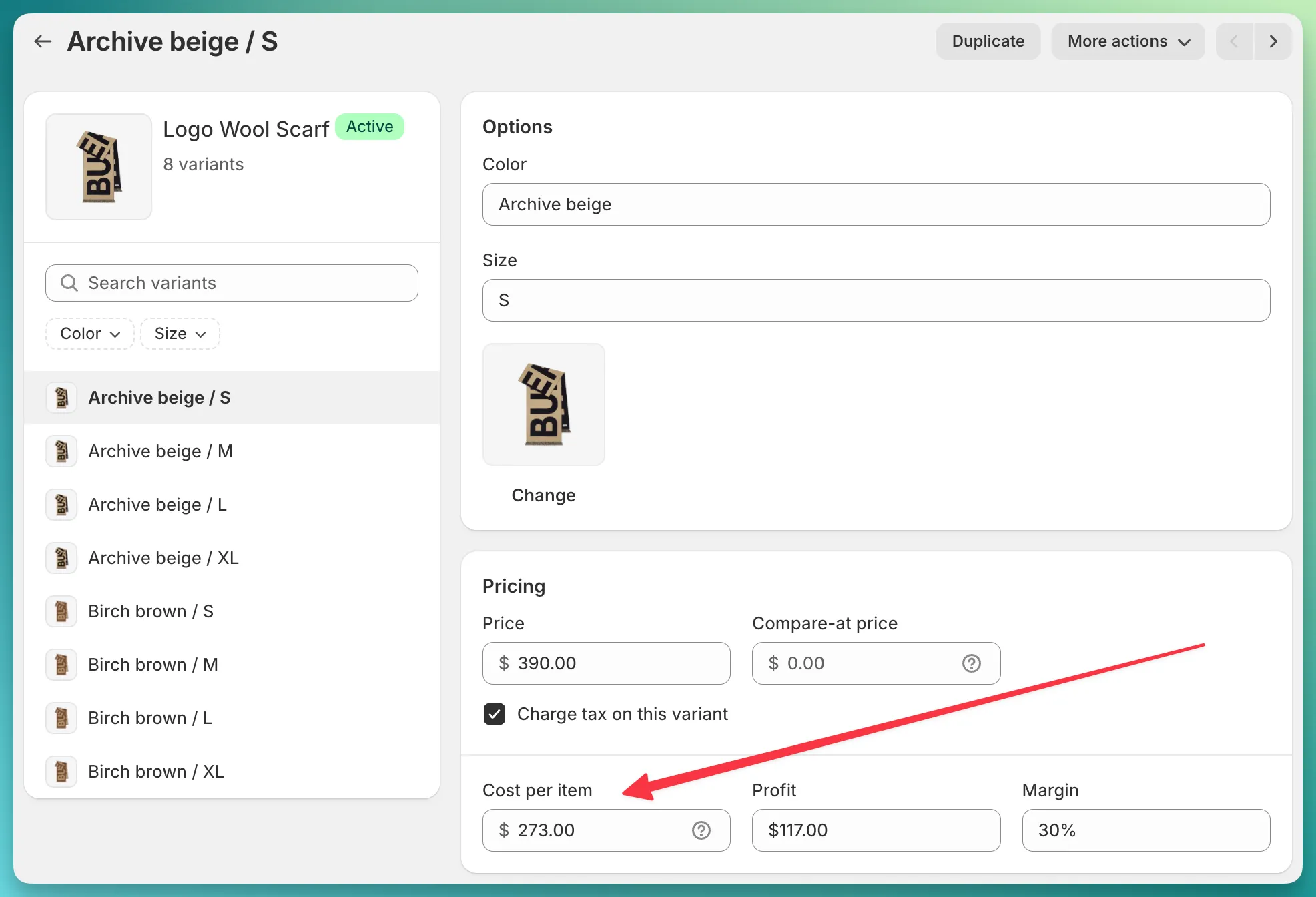 Shopify product cost