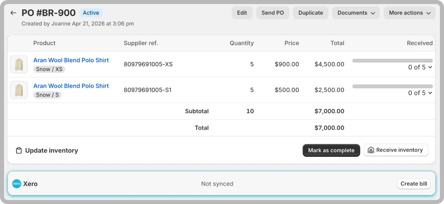Xero bill sync controls inside an Auto Purchase Orders purchase order
